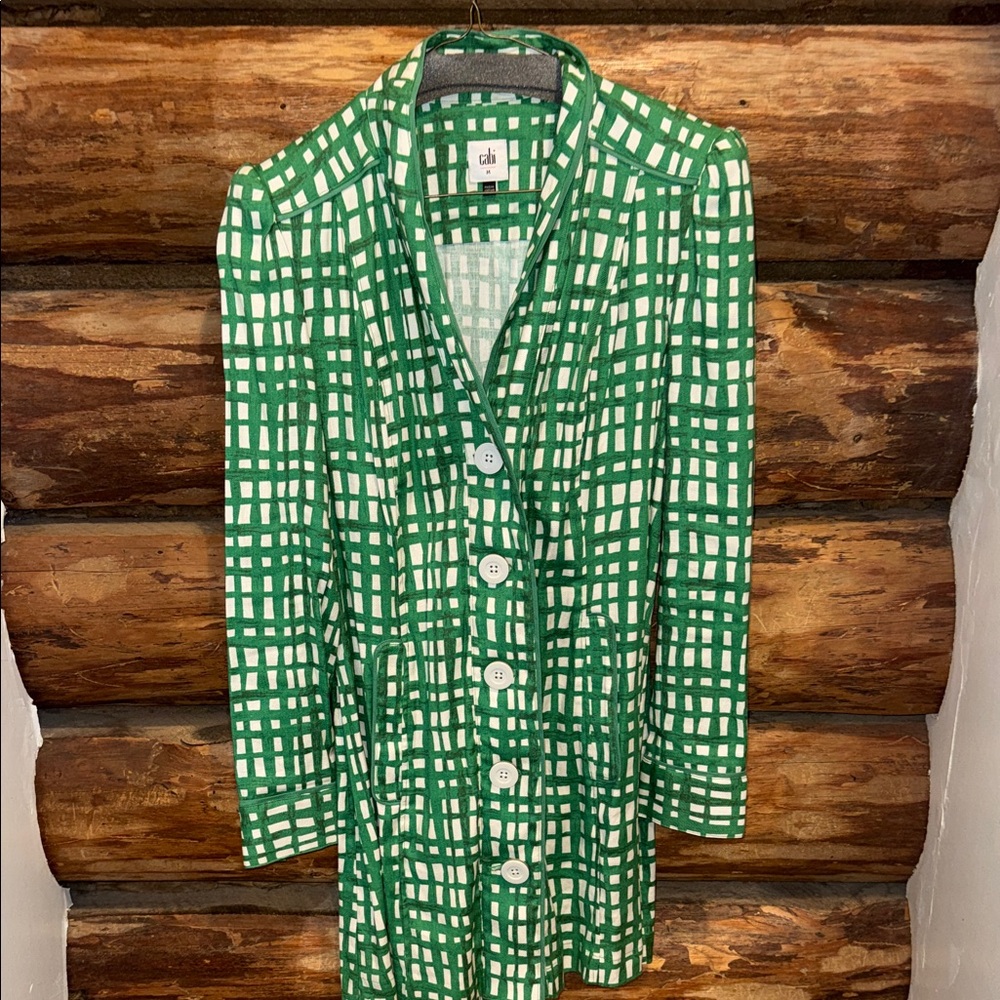 💚NWOT M CAbi Emerald & Ivory Checked Button-Front Coatigan